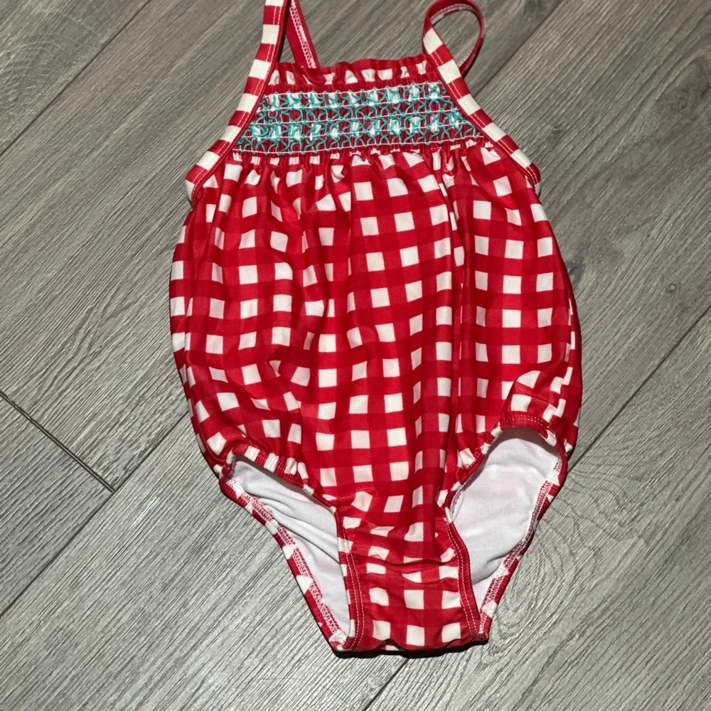 Kids Girl 2T  Month Red Gingham One-Piece Swimsuit with Smocked Detail